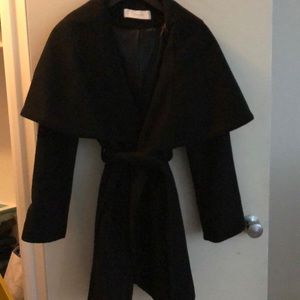 Tahari black wool wrap with belt coat; lined